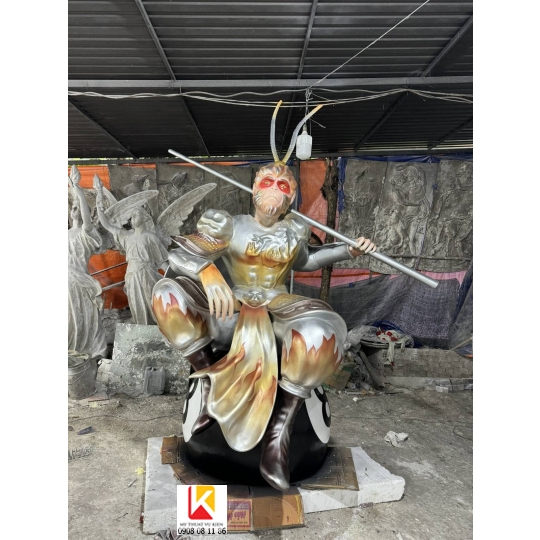 tượng ngộ không composite, tượng tôn ngộ không trang trí quán bi a, tượng tôn ngộ không sơn nhũ bạc